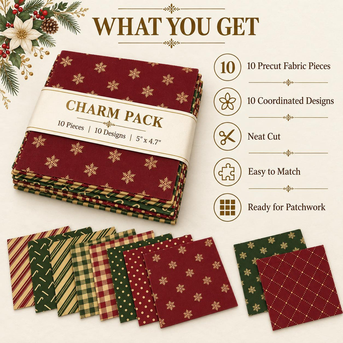 10Pc/Set Christmas Series Plaid Stripe Crutch Fat Quarter Fabric, Pre-Cut Square Fabric Assort, Fabric Set, Craft Fabric, Handmade DIY Patchwork Fabric,Home Quilting Sewing Fabric, Packaging Fabric, Scrapbooking Craft Hobbyist
