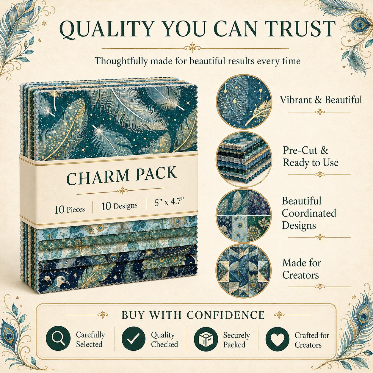 10pcs Charm Pack Set Peacock Feathers VIntage Style Pattern HAndmade DIY With Rich Color and Texture Elements 100% Polyester Patchwork in 10 Design Styles Suitable For Patchwork DIY Craft Projects DIY Wallet Making Gift Giving Bag Making Mother's Day Gift