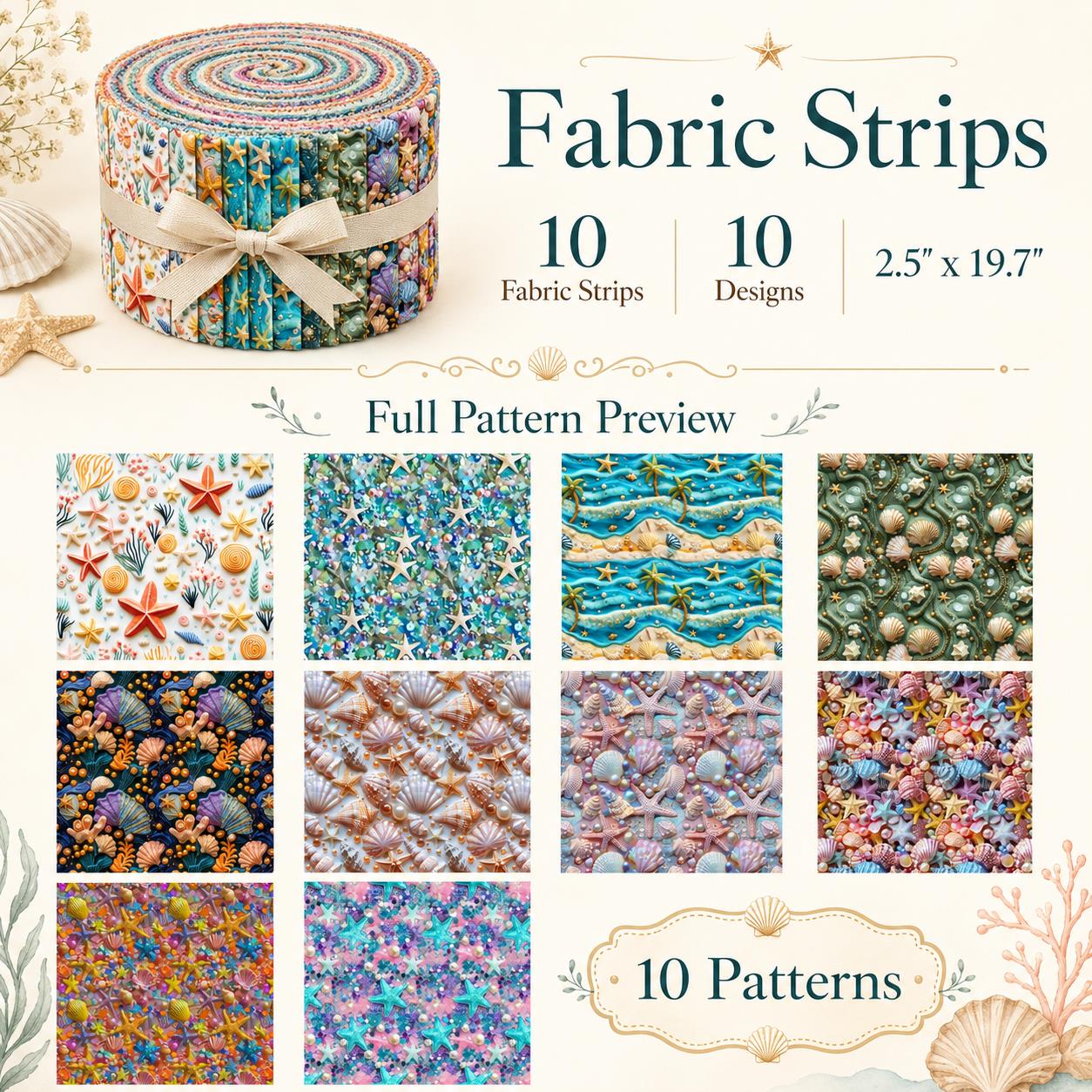 10Pc/Set, Making 10 Images 1pc Each, Each Size: 6.3*50cm 2D Flat Starfish Shell Pearl Sea Series Sliced Fabric Set Style Combination, Polyester Jelly Roll Fabric Strips, Pre-Cut Quilting Squares, For Quilting DIY, Handicrafts And Sewing, Blankets, Rugs