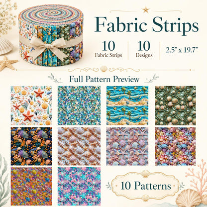 10Pc/Set, Making 10 Images 1pc Each, Each Size: 6.3*50cm 2D Flat Starfish Shell Pearl Sea Series Sliced Fabric Set Style Combination, Polyester Jelly Roll Fabric Strips, Pre-Cut Quilting Squares, For Quilting DIY, Handicrafts And Sewing, Blankets, Rugs