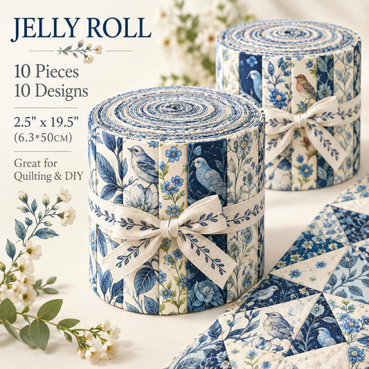 10pcs Vintage Blue Floral Pattern Jelly Roll Fabric Strips 2.5X19.7inch Pre-Cut 100% Polyester For Patchwork Quilts, Table Runners, Placemats, Tote Bags, Storage Pouches, Makeup Bags, Coasters, Quilt Blocks & Binding