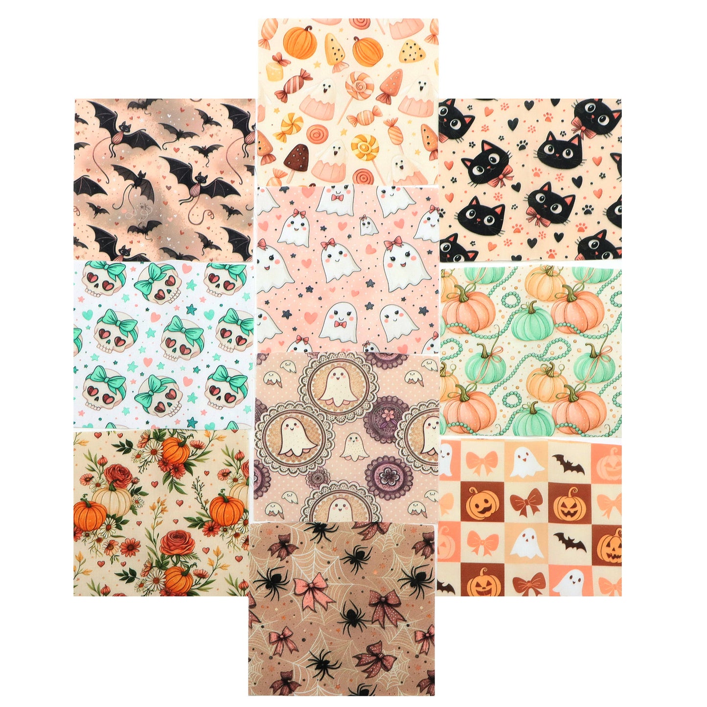 10pcs Charm Pack Set  Bat Ghost Halloween Vintage Style Pattern Handmade DIY with Rich Color and Texture Elements 100% Polyester Patchwork in 10 Design Styles Suitable for Patchwork DIY Craft Projects DIY Wallet Making Gift Giving Bag Making