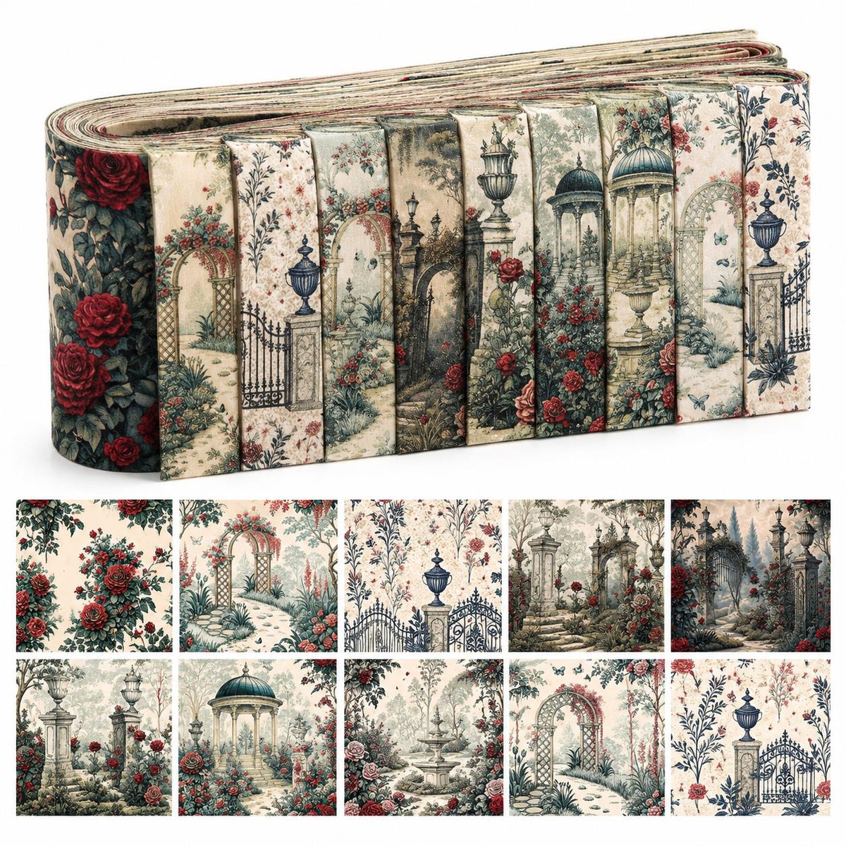 10pcs Vintage Floral Door Pavilion Pattern Jelly Roll Fabric Strips 2.5X19.7inch Pre-Cut 100% Polyester For Patchwork Quilts, Table Runners, Placemats, Tote Bags, Storage Pouches, Makeup Bags, Coasters, Quilt Blocks & Binding