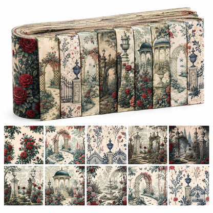 10pcs Vintage Floral Door Pavilion Pattern Jelly Roll Fabric Strips 2.5X19.7inch Pre-Cut 100% Polyester For Patchwork Quilts, Table Runners, Placemats, Tote Bags, Storage Pouches, Makeup Bags, Coasters, Quilt Blocks & Binding