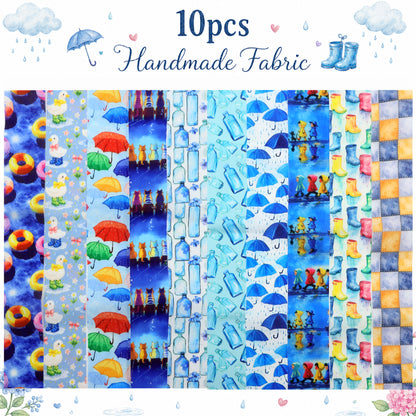10Pc/Set, Making 10 Images 1pc Each, Each Size: 6.3*50cm Cat Bottle Raining Umbrella Blue Series Sliced Fabric Set Style Combination, Polyester Jelly Roll Fabric Strips, Pre-Cut Quilting Squares, For Quilting DIY, Handicrafts And Sewing, Blankets, Rugs
