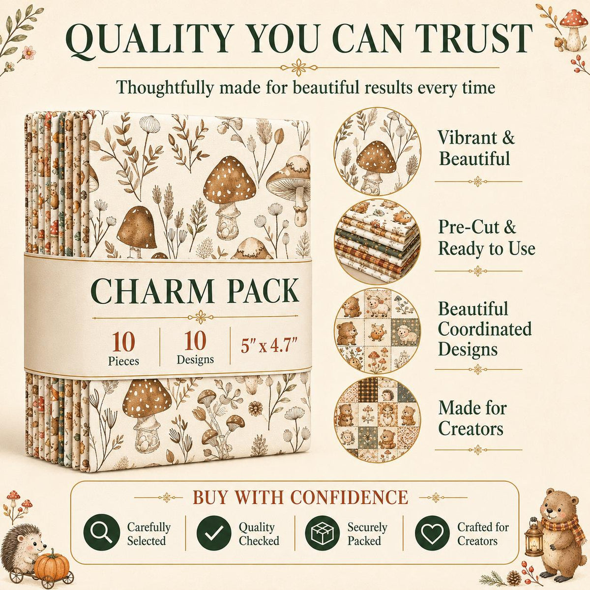 10pcs Charm Pack Set Bear Horse Vintage Style Pattern Handmade DIY with Rich Color and Texture Elements 100% Polyester Patchwork in 10 Design Styles Suitable for Patchwork DIY Craft Projects DIY Wallet Making Gift Giving Bag Making Mother's Day Gift