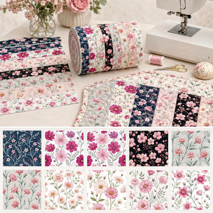10pcs Vintage Floral Pattern Jelly Roll Fabric Strips 2.5X19.7inch Pre-Cut 100% Polyester For Patchwork Quilts, Table Runners, Placemats, Tote Bags, Storage Pouches, Makeup Bags, Coasters, Quilt Blocks & Binding