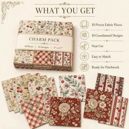 10Pc/Set Cherry Series Flower Stripe Plaid Fat Quarter Fabric, Pre-Cut Square Fabric Assort, Fabric Set, Craft Fabric, Handmade DIY Patchwork Fabric,Home Quilting Sewing Fabric, Packaging Fabric, Scrapbooking Craft Hobbyist