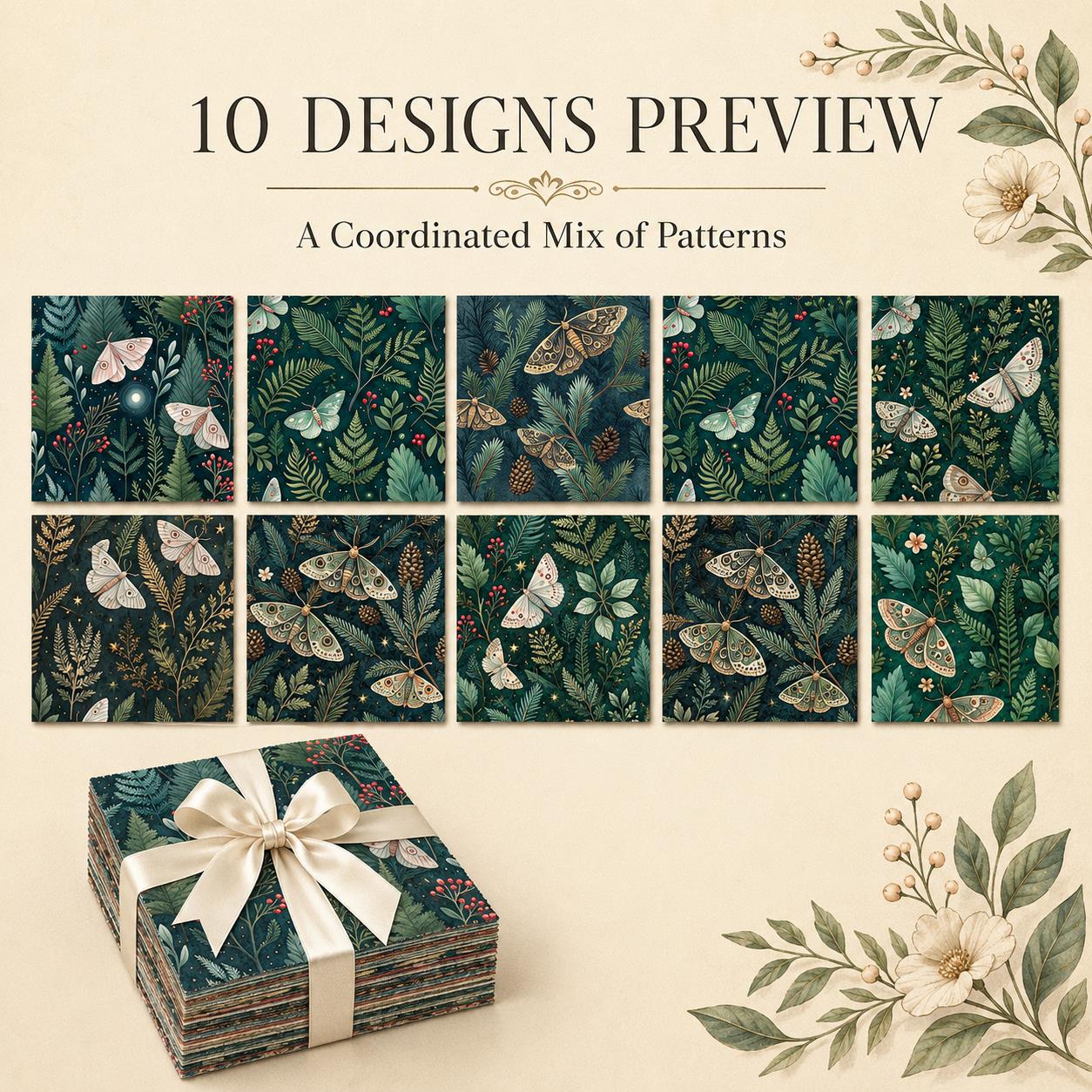 10pcs Charm Pack Set Green Holly Christmas Pattern Vintage Style Pattern Handmade DIY with Rich Color and Texture Elements 100% Polyester Patchwork in 10 Design Styles Suitable for Patchwork DIY Craft Projects DIY Wallet Making Gift Giving Bag Making Moth