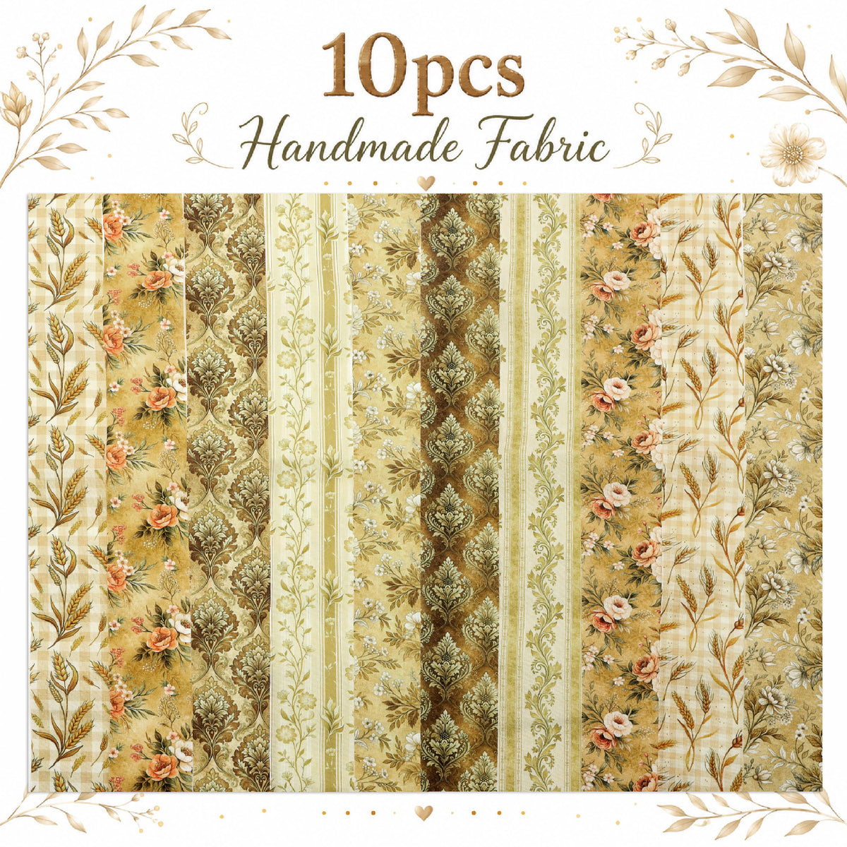 10pcs Vintage Floral Ear Of Wheat Autumn Pattern Jelly Roll Fabric Strips 2.5X19.7inch Pre-Cut 100% Polyester For Patchwork Quilts, Table Runners, Placemats, Tote Bags, Storage Pouches, Makeup Bags, Coasters, Quilt Blocks & Binding