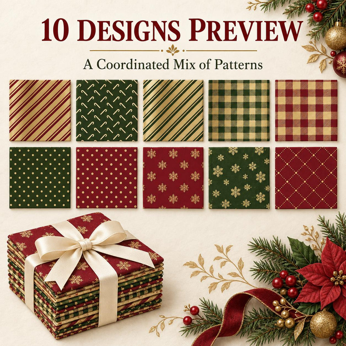 10Pc/Set Christmas Series Plaid Stripe Crutch Fat Quarter Fabric, Pre-Cut Square Fabric Assort, Fabric Set, Craft Fabric, Handmade DIY Patchwork Fabric,Home Quilting Sewing Fabric, Packaging Fabric, Scrapbooking Craft Hobbyist