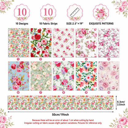10Pc/Set, Making 10 Images 1pc Each, Each Size: 6.3*50cm Spring Floral Series Sliced Fabric Set Style Combination, Polyester Jelly Roll Fabric Strips, Pre-Cut Quilting Squares, For Quilting DIY, Handicrafts And Sewing, Blankets, Rugs, Interior Decoration
