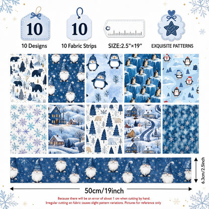 10pcs Vintage Penguin Snow Jelly Roll Fabric Strips 2.5X19.7inch Pre-Cut 100% Polyester For Patchwork Quilts, Table Runners, Placemats, Tote Bags, Storage Pouches, Makeup Bags, Coasters, Quilt Blocks & Binding Christmas Day Gift