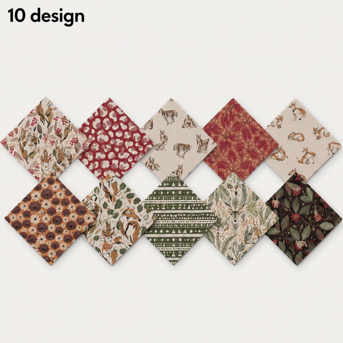 10Pc/Set Christmas Series Stripe Flower Deer Fox Tiger Fat Quarter Fabric, Pre-Cut Square Fabric Assort, Fabric Set, Craft Fabric, Handmade DIY Patchwork Fabric,Home Quilting Sewing Fabric, Packaging Fabric, Scrapbooking Craft Hobbyist