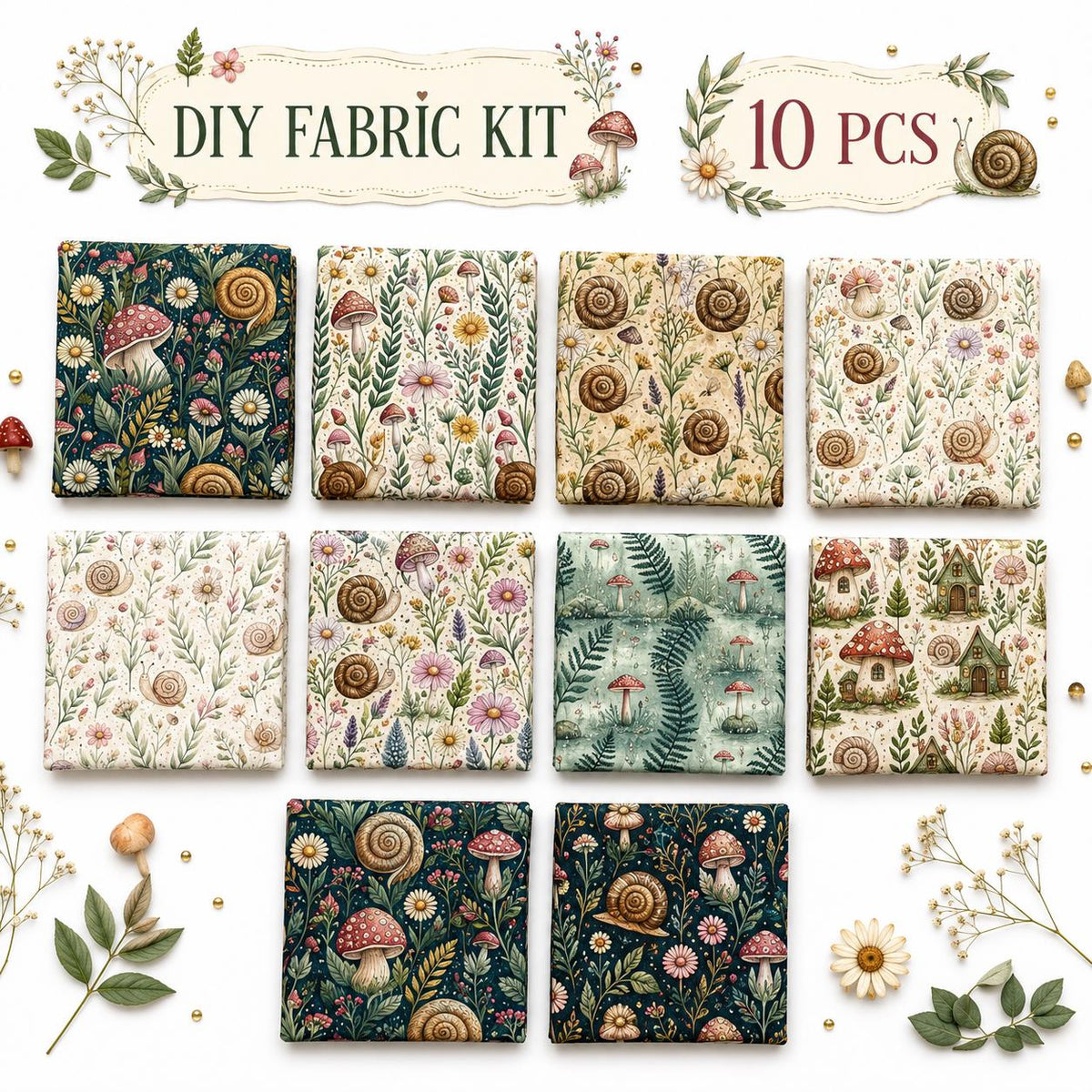 10Pc/Set Flower Mushroom Series Daisy Snails  Fat Quarter Fabric, Pre-Cut Square Fabric Assort, Fabric Set, Craft Fabric, Handmade DIY Patchwork Fabric,Home Quilting Sewing Fabric, Packaging Fabric, Scrapbooking Craft Hobbyist