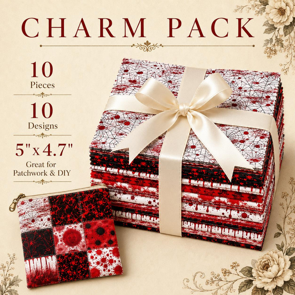 10pcs Charm Pack Set Blood Halloween Pattern Vintage Style Handmade DIY with Rich Color and Texture Elements 100% Polyester Patchwork in 10 Design Styles Suitable for Patchwork DIY Craft Projects DIY Wallet Making Gift Giving Bag Making Mother's Day Gift