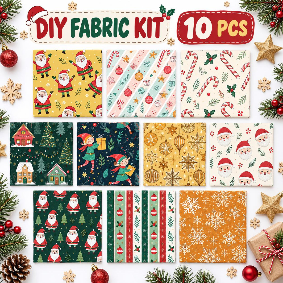 10Pc/Set Christmas Series Santa Claus Star Holly Gift Fat Quarter Fabric, Pre-Cut Square Fabric Assort, Fabric Set, Craft Fabric, Handmade DIY Patchwork Fabric,Home Quilting Sewing Fabric, Packaging Fabric, Scrapbooking Craft Hobbyist