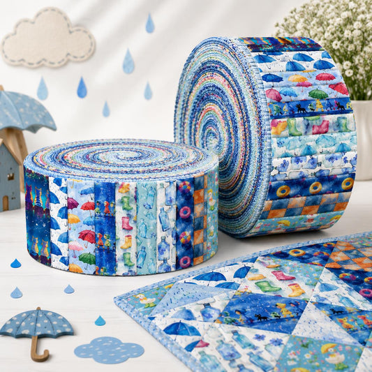 10Pc/Set, Making 10 Images 1pc Each, Each Size: 6.3*50cm Cat Bottle Raining Umbrella Blue Series Sliced Fabric Set Style Combination, Polyester Jelly Roll Fabric Strips, Pre-Cut Quilting Squares, For Quilting DIY, Handicrafts And Sewing, Blankets, Rugs
