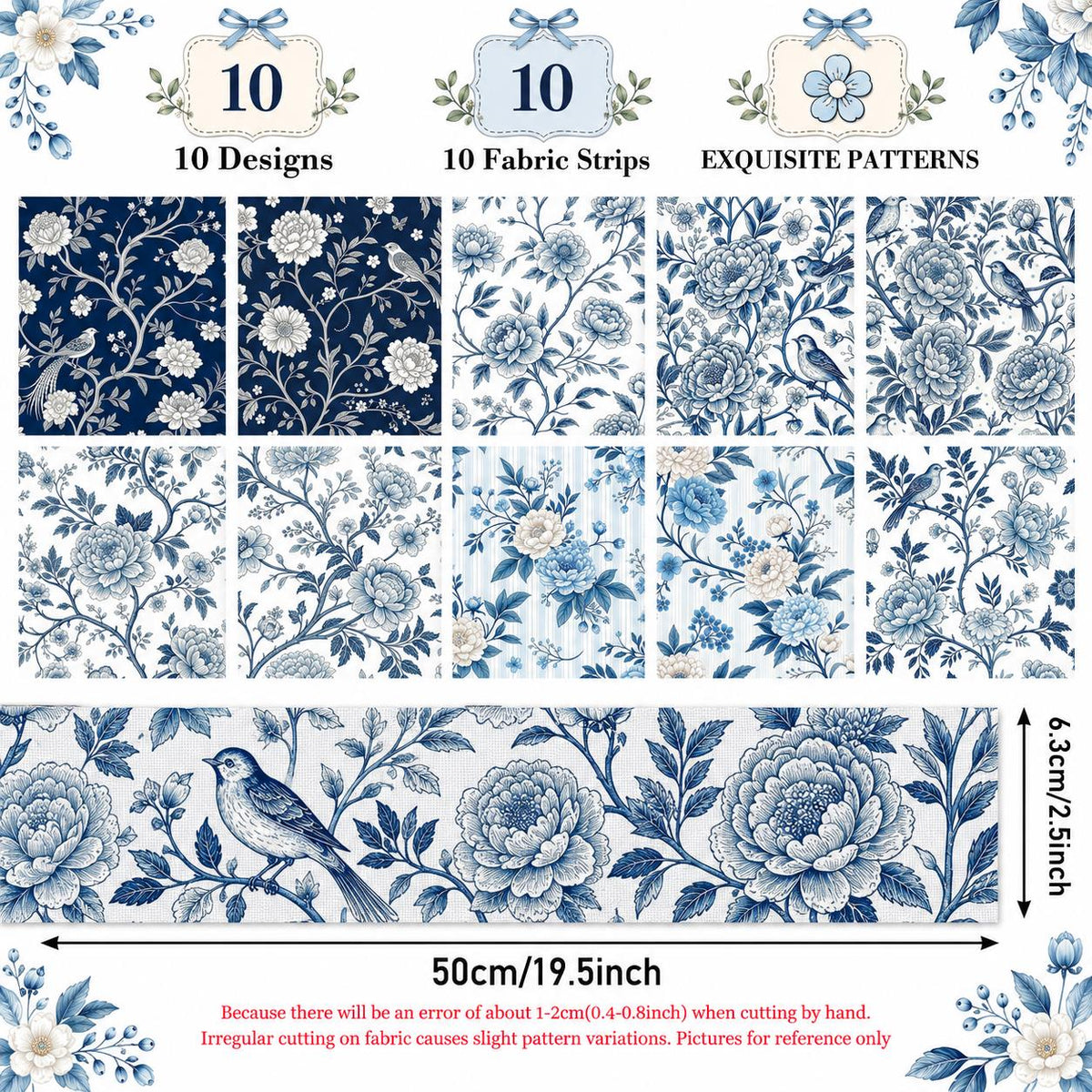 10pcs Vintage Blue Floral Pattern Jelly Roll Fabric Strips 2.5X19.7inch Pre-Cut 100% Polyester For Patchwork Quilts, Table Runners, Placemats, Tote Bags, Storage Pouches, Makeup Bags, Coasters, Quilt Blocks & Binding