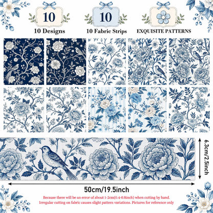 10pcs Vintage Blue Floral Pattern Jelly Roll Fabric Strips 2.5X19.7inch Pre-Cut 100% Polyester For Patchwork Quilts, Table Runners, Placemats, Tote Bags, Storage Pouches, Makeup Bags, Coasters, Quilt Blocks & Binding