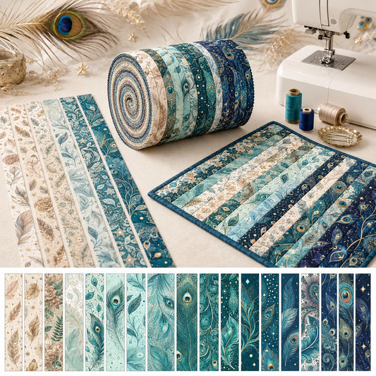 20pcs/set Vintage Peacock Feather Pattern Jelly Roll Fabric Strips 2.5X19.7inch Pre-Cut 100% Polyester For Patchwork Quilts, Table Runners, Placemats, Tote Bags, Storage Pouches, Makeup Bags, Coasters, Quilt Blocks & Binding