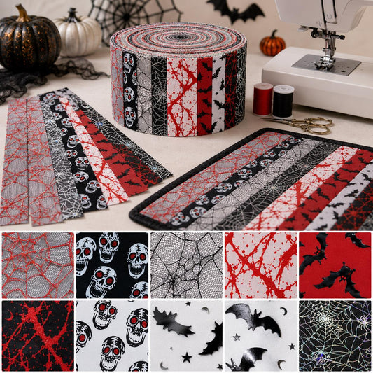 10pcs Vintage Skull Blood Halloween Theme Jelly Roll Fabric Strips 2.5X19.7inch Pre-Cut 100% Polyester For Patchwork Quilts, Table Runners, Placemats, Tote Bags, Storage Pouches, Makeup Bags, Coasters, Quilt Blocks & Binding