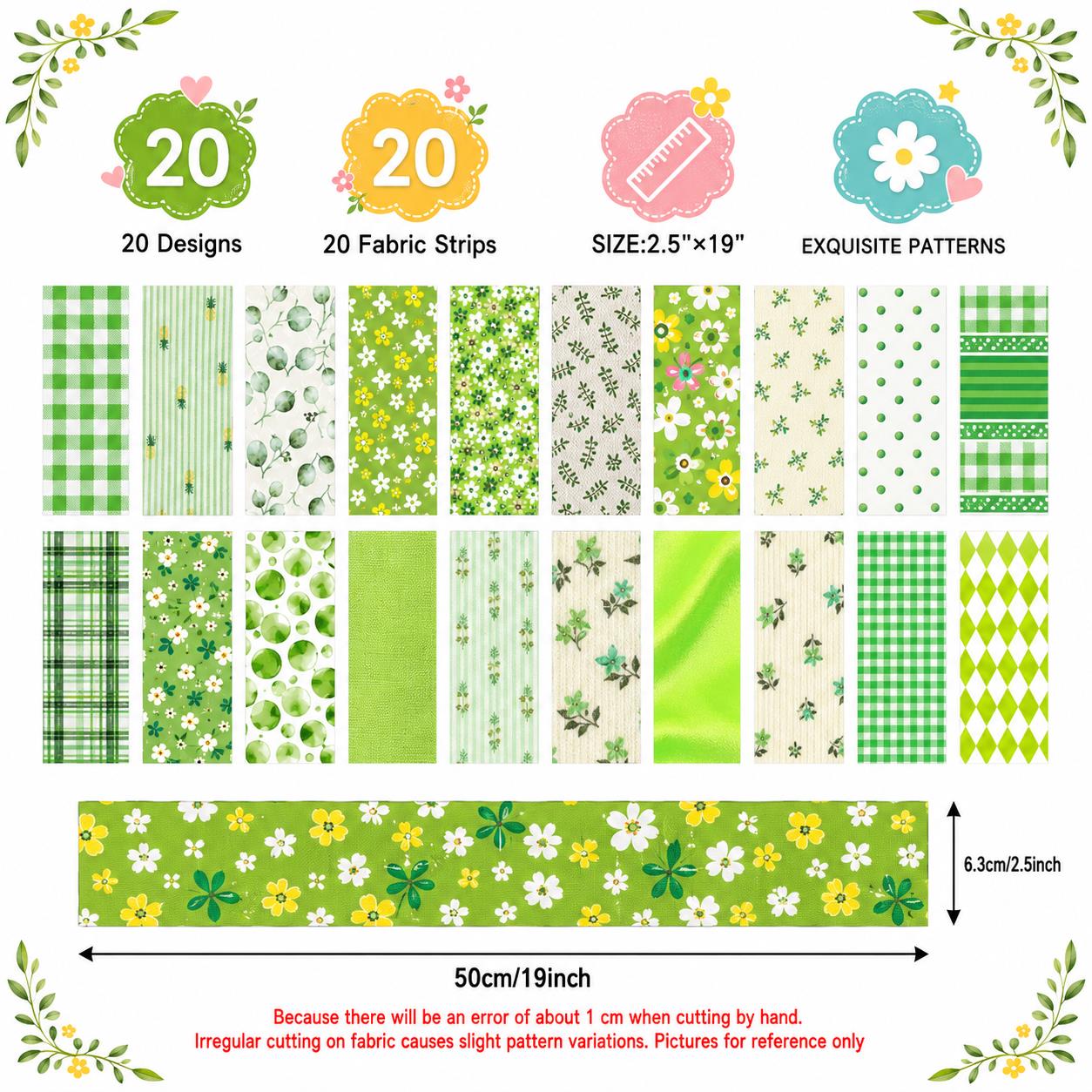 20pcs Vintage Plaid Dot Floral Green Series Jelly Roll Fabric Strips 2.5X19.7inch Delicate Printed Multi-Color 100% Polyester for DIY Handmade Patchwork, Table Runners, Placemats, Tote Bags, Storage Pouches, Makeup Bags, Coasters, Quilt Blocks