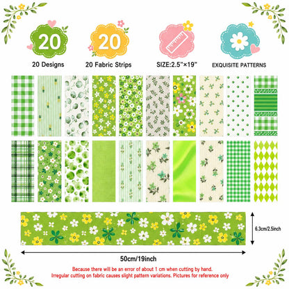20pcs Vintage Plaid Dot Floral Green Series Jelly Roll Fabric Strips 2.5X19.7inch Delicate Printed Multi-Color 100% Polyester for DIY Handmade Patchwork, Table Runners, Placemats, Tote Bags, Storage Pouches, Makeup Bags, Coasters, Quilt Blocks