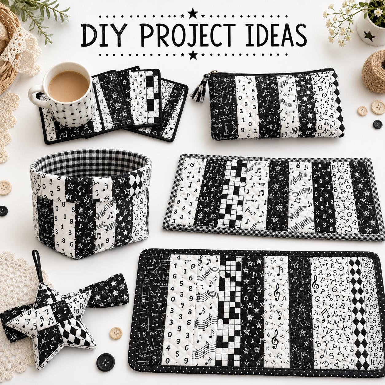 10Pc/Set, Making 10 Images 1pc Each, Each Size: 6.3*50cm Back to School White and Black Series Sliced Fabric Set Style Combination, Polyester Jelly Roll Fabric Strips, Pre-Cut Quilting Squares, For Quilting DIY, Handicrafts And Sewing, Blankets, Rugs