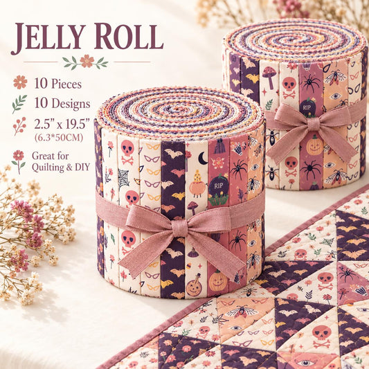 10pcs Vintage Pumpkin Bat Skull Halloween Pattern Jelly Roll Fabric Strips 2.5X19.7inch Pre-Cut 100% Polyester For Patchwork Quilts, Table Runners, Placemats, Tote Bags, Storage Pouches, Makeup Bags, Coasters, Quilt Blocks & Binding