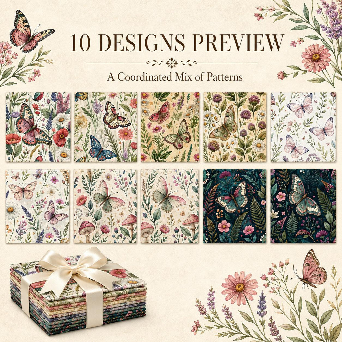 10pcs Charm Pack Set Floral Butterfly Pattern Vintage Style Handmade DIY with Rich Color and Texture Elements 100% Polyester Patchwork in 10 Design Styles Suitable for Patchwork DIY Craft Projects DIY Wallet Making Gift Giving Bag Making Mother's Day Gift