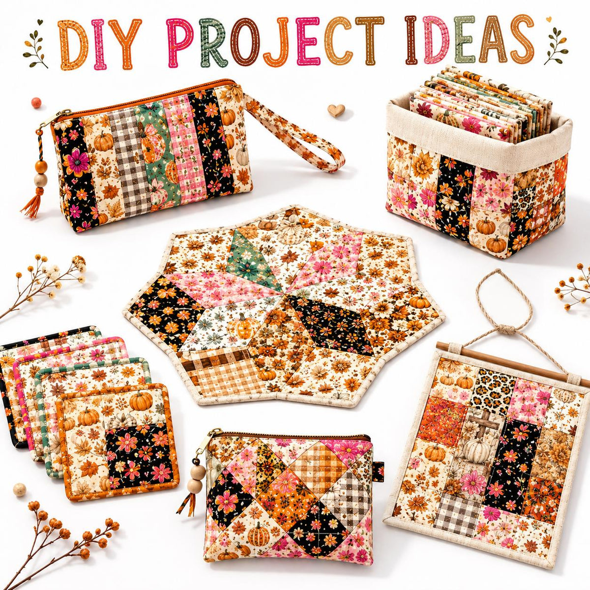 10pcs Charm Pack Set Floral Pumpkin Autumn Pattern Vintage Style Handmade DIY with Rich Color and Texture Elements 100% Polyester Patchwork in 10 Design Styles Suitable for Patchwork DIY Craft Projects DIY Wallet Making Gift Giving Bag Making Mother's Day