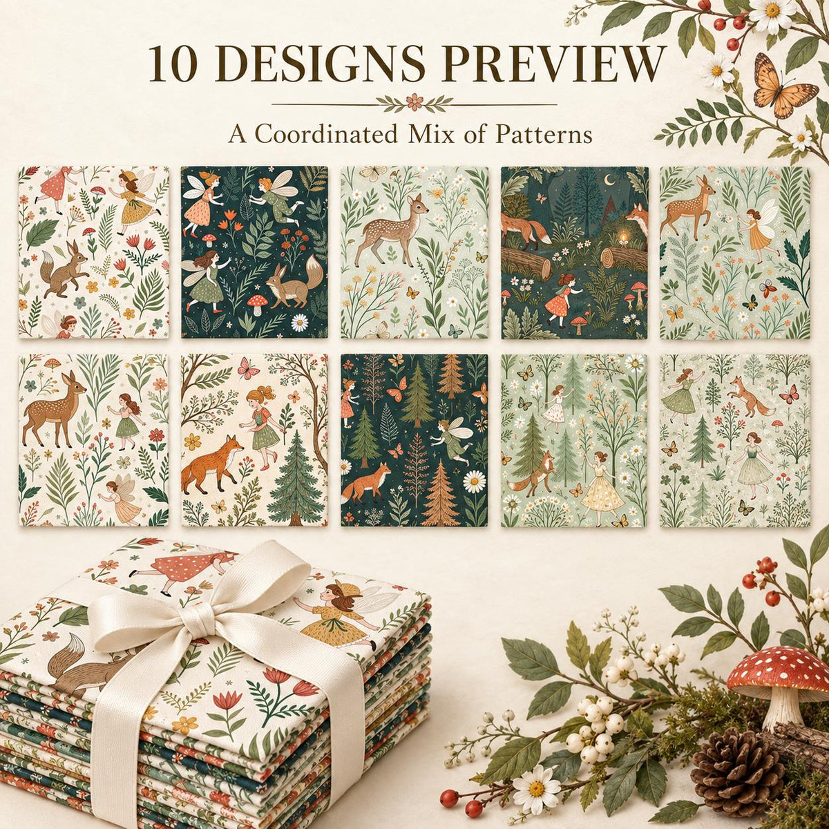 10Pc/Set Flower Series Deer Tree Fox Mushroom Fat Quarter Fabric, Pre-Cut Square Fabric Assort, Fabric Set, Craft Fabric, Handmade DIY Patchwork Fabric,Home Quilting Sewing Fabric, Packaging Fabric, Scrapbooking Craft Hobbyist