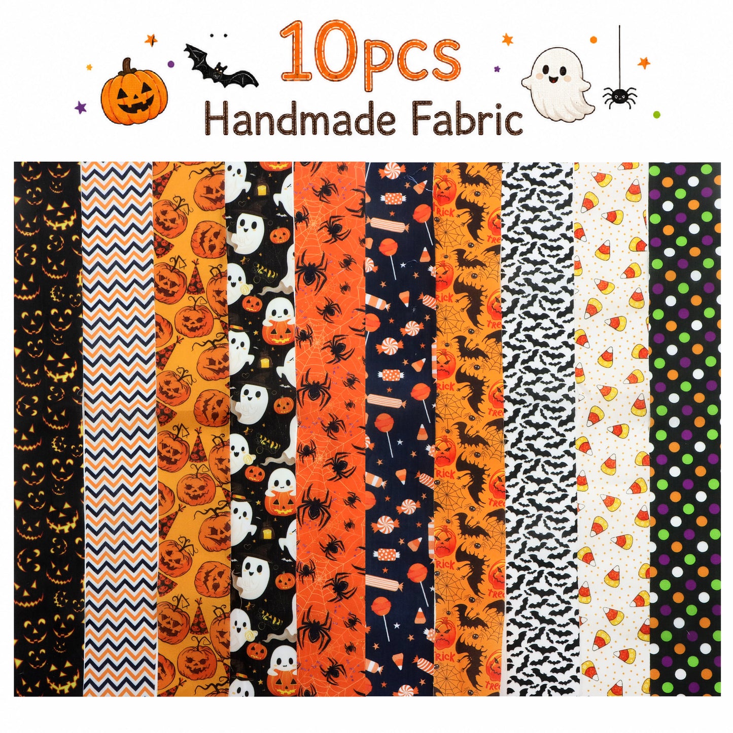 10Pc/Set, Making 10 Images 1pc Each, Each Size: 6.3*50cm Candy Pumpkin Bat Ghost Halloween Series Sliced Fabric Set Style Combination, Polyester Jelly Roll Fabric Strips, Pre-Cut Quilting Squares, For Quilting DIY, Handicrafts And Sewing, Blankets, Rugs