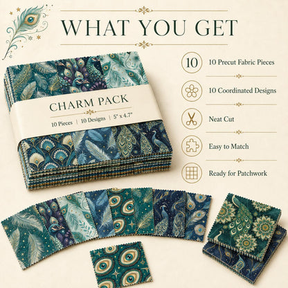 10pcs Charm Pack Set Peacock Feathers VIntage Style Pattern HAndmade DIY With Rich Color and Texture Elements 100% Polyester Patchwork in 10 Design Styles Suitable For Patchwork DIY Craft Projects DIY Wallet Making Gift Giving Bag Making Mother's Day Gift