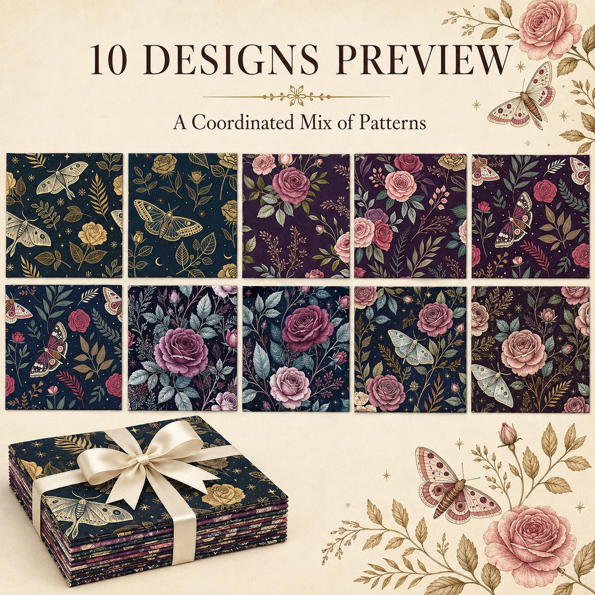 10Pc/Set Flower Series Butterfly Rose Fat Quarter Fabric, Pre-Cut Square Fabric Assort, Fabric Set, Craft Fabric, Handmade DIY Patchwork Fabric,Home Quilting Sewing Fabric, Packaging Fabric, Scrapbooking Craft Hobbyist