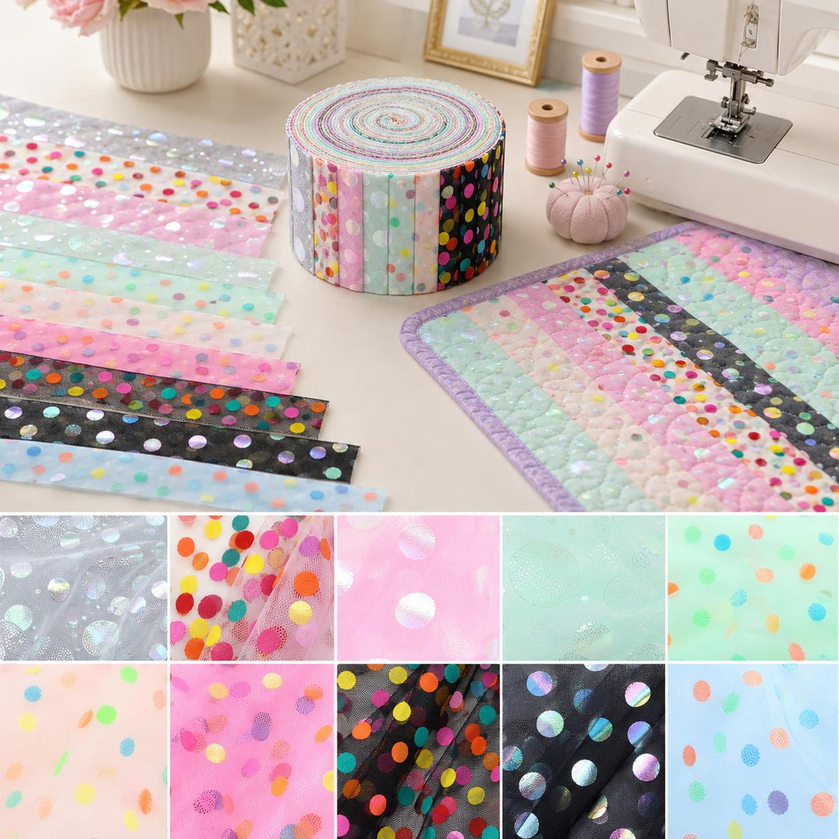 10Pc/Set, Making 10 Images 1pc Each, Each Size: 6.3*50cm Mesh Gauze Dot Series Sliced Fabric Set Style Combination, Polyester Jelly Roll Fabric Strips, Pre-Cut Quilting Squares, For Quilting DIY, Handicrafts And Sewing, Blankets, Rugs, Interior Decoration