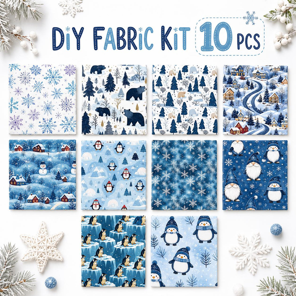 10Pc/Set Christmas Series Christmas Tree Bear Penguin Fat Quarter Fabric, Pre-Cut Square Fabric Assort, Fabric Set, Craft Fabric, Handmade DIY Patchwork Fabric,Home Quilting Sewing Fabric, Packaging Fabric, Scrapbooking Craft Hobbyist