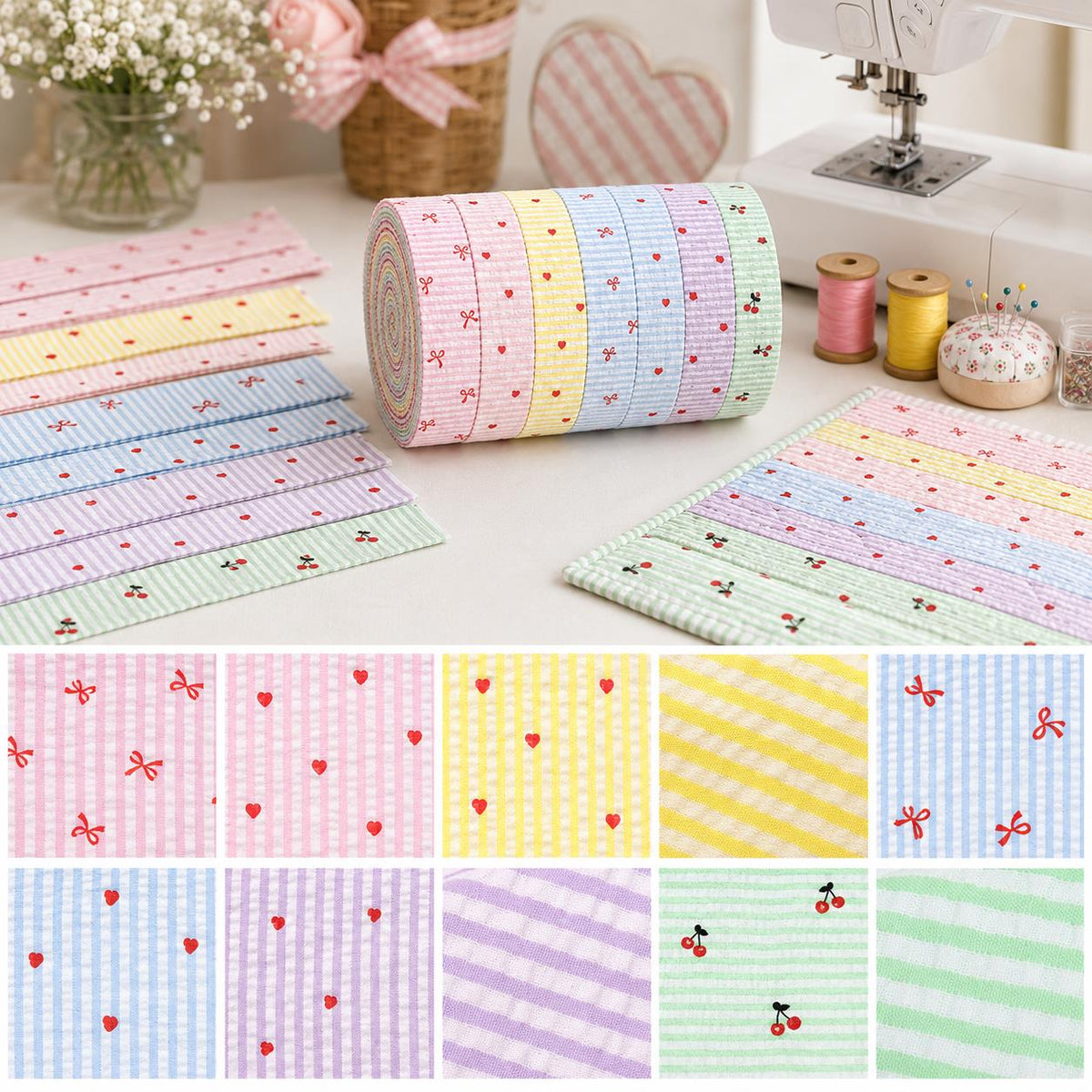 10pcs Vintage Love Striped Pattern Jelly Roll Fabric Strips 2.5X19.7inch Pre-Cut 100% Polyester For Patchwork Quilts, Table Runners, Placemats, Tote Bags, Storage Pouches, Makeup Bags, Coasters, Quilt Blocks & Binding