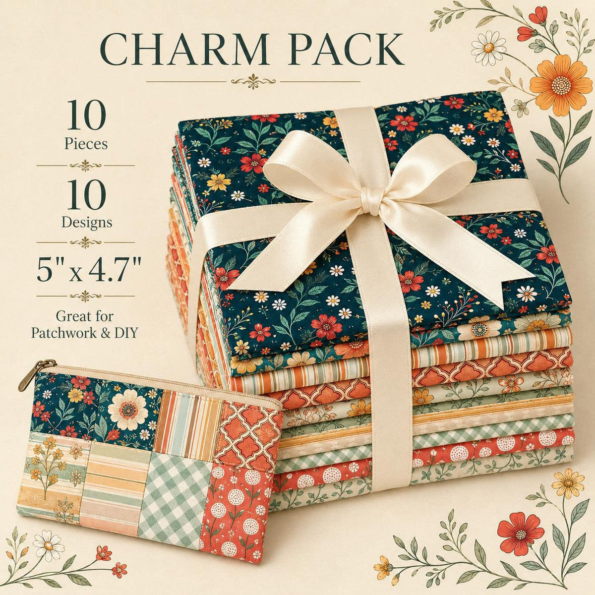 10pcs Charm Pack Set Floral Plaid Pattern Vintage Style Handmade DIY with Rich Color and Texture Elements 100% Polyester Patchwork in 10 Design Styles Suitable for Patchwork DIY Craft Projects DIY Wallet Making Gift Giving Bag Making Mother's Day Gift
