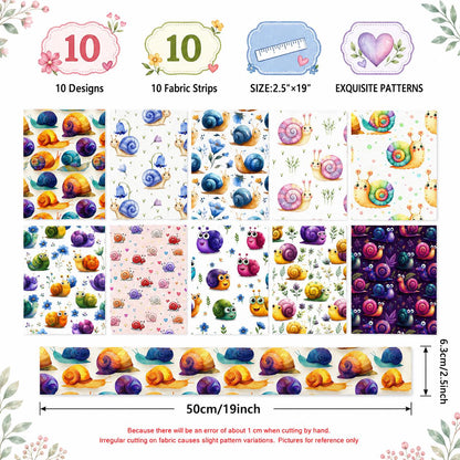 10Pc/Set, Making 10 Images 1pc Each, Each Size: 6.3*50cm Snail Series Sliced Fabric Set Style Combination, Polyester Jelly Roll Fabric Strips, Pre-Cut Quilting Squares, For Quilting DIY, Handicrafts And Sewing, Blankets, Rugs, Interior Decoration