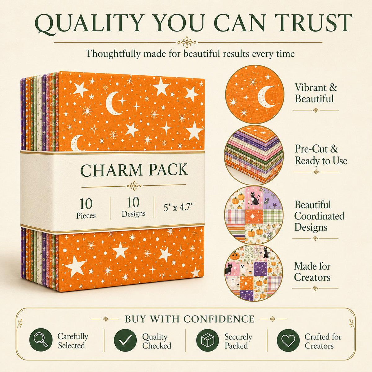 10pcs Charm Pack Set Star Moon Pumpkin Pattern Vintage Style Handmade DIY with Rich Color and Texture Elements 100% Polyester Patchwork in 10 Design Styles Suitable for Patchwork DIY Craft Projects DIY Wallet Making Gift Giving Bag Making Mother's Day Gif