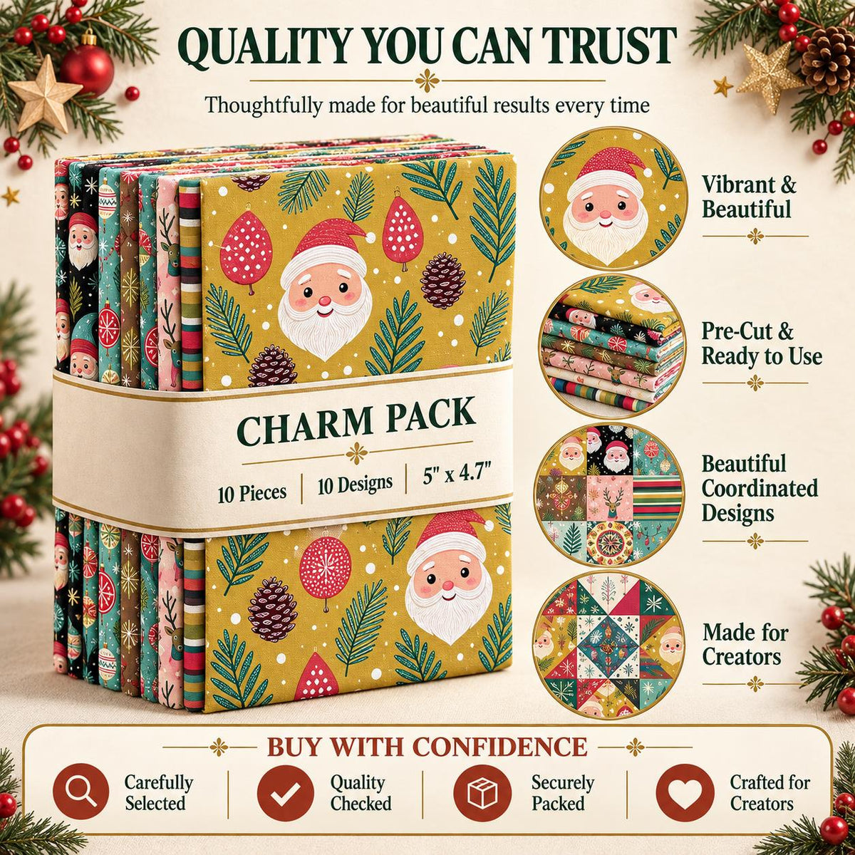 10Pc/Set Christmas Series Stripe Deer Santa Claus Tree Pinecones Fat Quarter Fabric, Pre-Cut Square Fabric Assort, Fabric Set, Craft Fabric, Handmade DIY Patchwork Fabric,Home Quilting Sewing Fabric, Packaging Fabric, Scrapbooking Craft Hobbyist