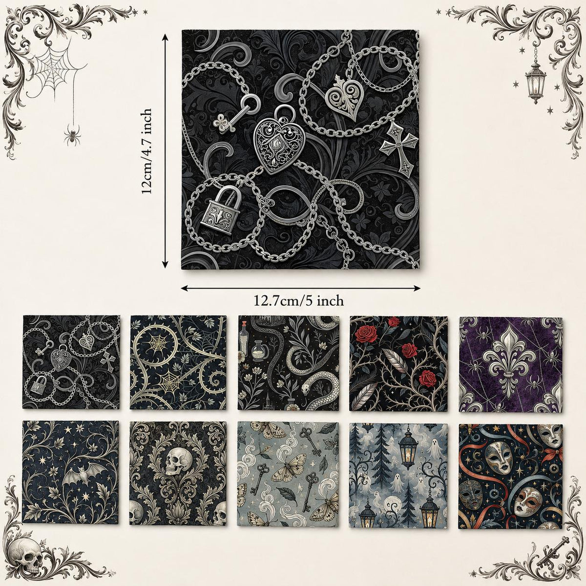 10Pc/Set Halloween Black Series Flower Skull Heart Butterfly Bat Fat Quarter Fabric, Pre-Cut Square Fabric Assort, Fabric Set, Craft Fabric, Handmade DIY Patchwork Fabric,Home Quilting Sewing Fabric, Packaging Fabric, Scrapbooking Craft Hobbyist
