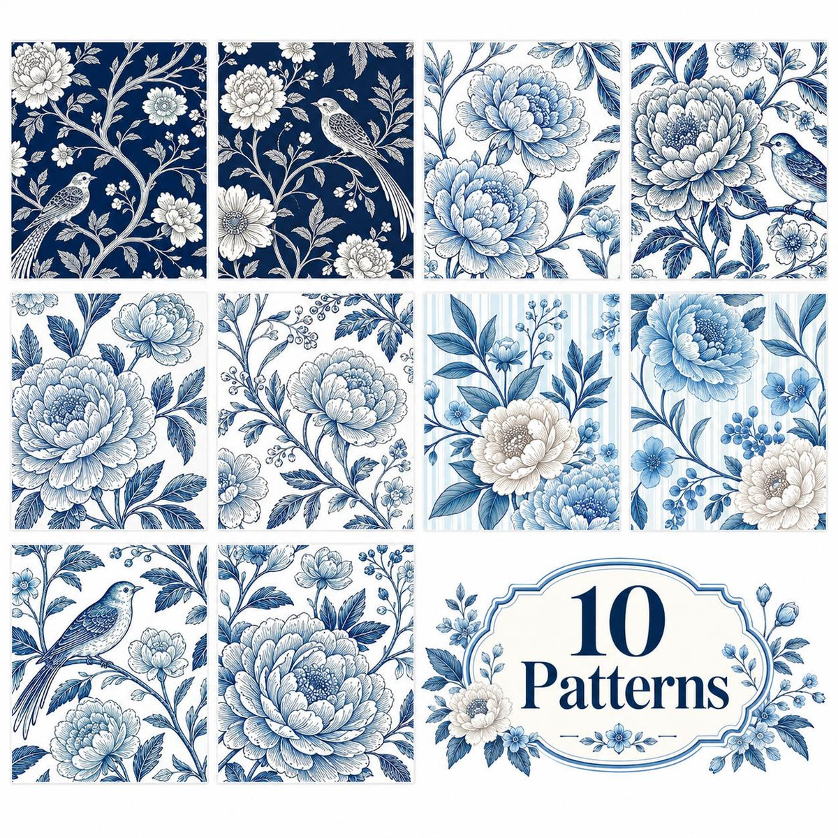10pcs Vintage Blue Floral Pattern Jelly Roll Fabric Strips 2.5X19.7inch Pre-Cut 100% Polyester For Patchwork Quilts, Table Runners, Placemats, Tote Bags, Storage Pouches, Makeup Bags, Coasters, Quilt Blocks & Binding