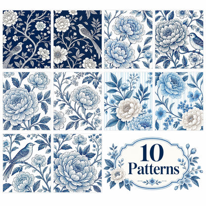 10pcs Vintage Blue Floral Pattern Jelly Roll Fabric Strips 2.5X19.7inch Pre-Cut 100% Polyester For Patchwork Quilts, Table Runners, Placemats, Tote Bags, Storage Pouches, Makeup Bags, Coasters, Quilt Blocks & Binding