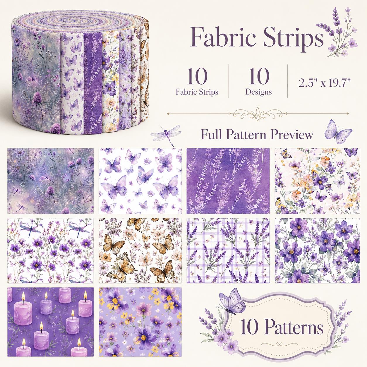 10pcs Vintage Butterfly Purple Pattern Jelly Roll Fabric Strips 2.5X19.7inch Pre-cut 100% Polyester for Patchwork Quilts, Table Runners, Placemats, Tote Bags, Storage Pouches, Makeup Bags, Coasters, Quilt Blocks & Binding