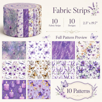 10pcs Vintage Butterfly Purple Pattern Jelly Roll Fabric Strips 2.5X19.7inch Pre-cut 100% Polyester for Patchwork Quilts, Table Runners, Placemats, Tote Bags, Storage Pouches, Makeup Bags, Coasters, Quilt Blocks & Binding