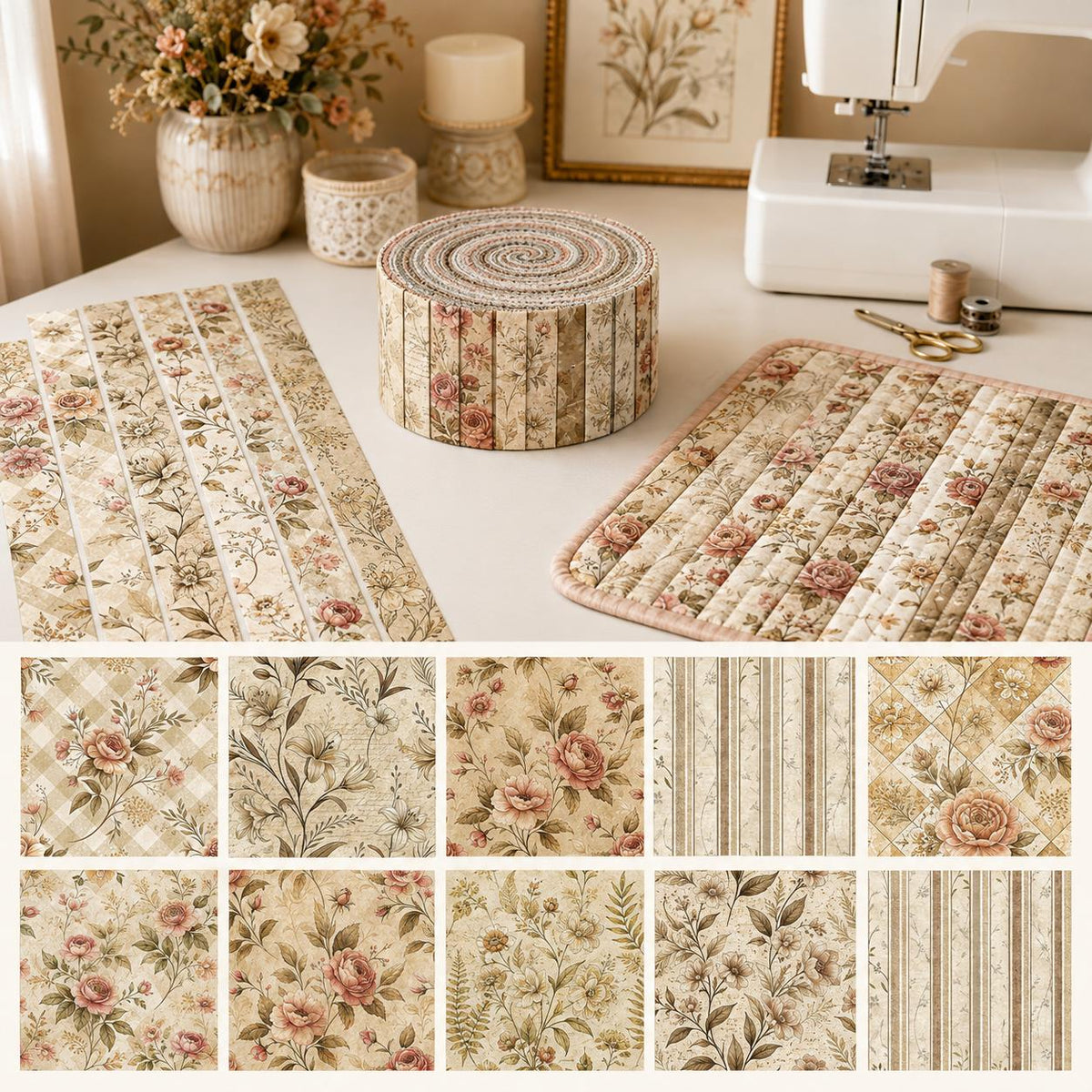 10pcs Vintage Daisy Floral Pattern Jelly Roll Fabric Strips 2.5X19.7inch Pre-Cut 100% Polyester For Patchwork Quilts, Table Runners, Placemats, Tote Bags, Storage Pouches, Makeup Bags, Coasters, Quilt Blocks & Binding