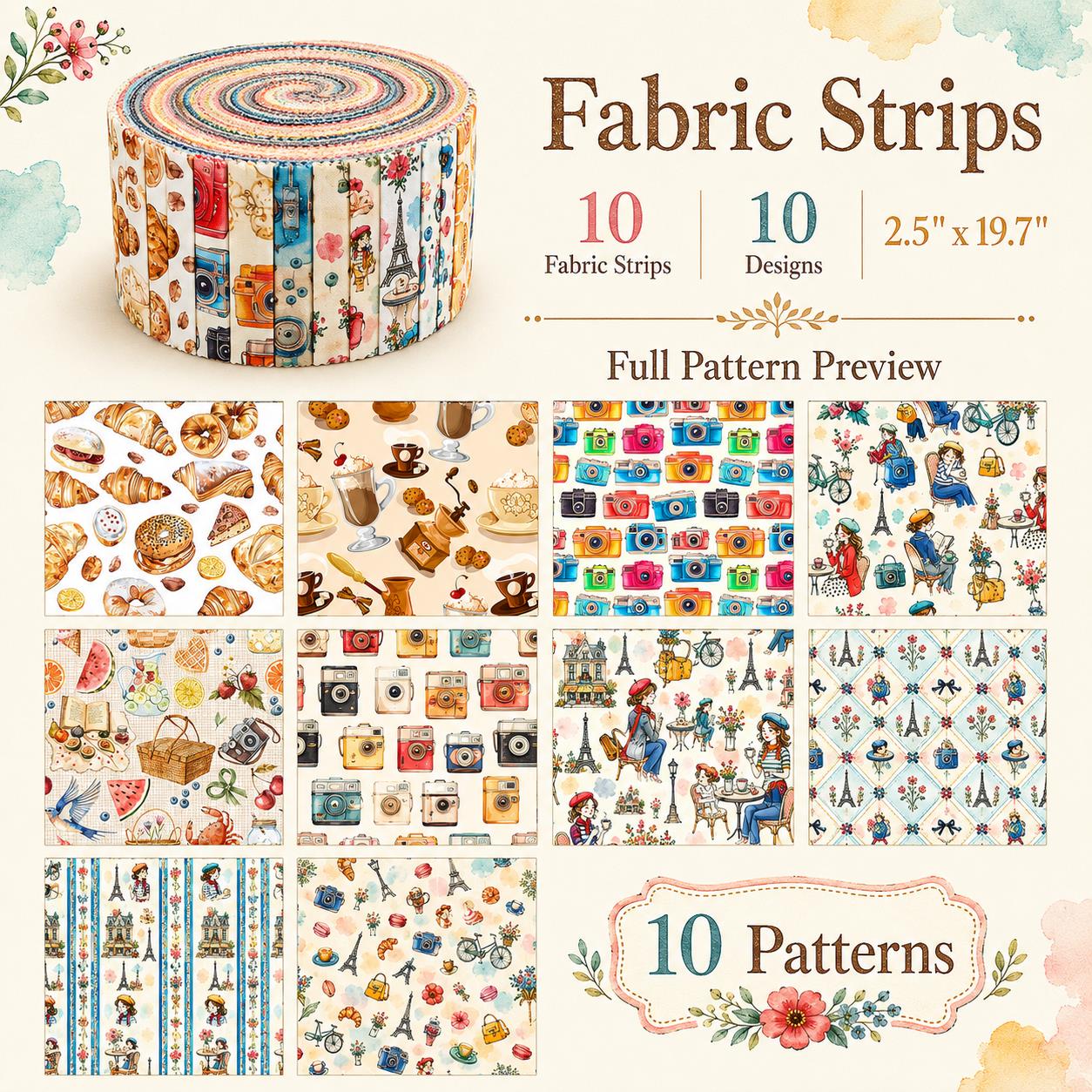 10pcs Camera Bread Jelly Roll Fabric Strips 2.5X19.7inch Pre-Cut 100% Polyester For Patchwork Quilts, Table Runners, Placemats, Tote Bags, Storage Pouches, Makeup Bags, Coasters, Quilt Blocks & Binding